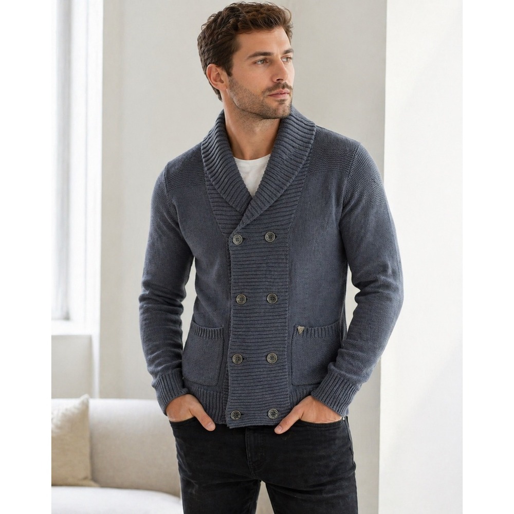 Guess Double Breasted Cardigan Knit Sweater Mens Small Blue Shawl Collar Preppy
